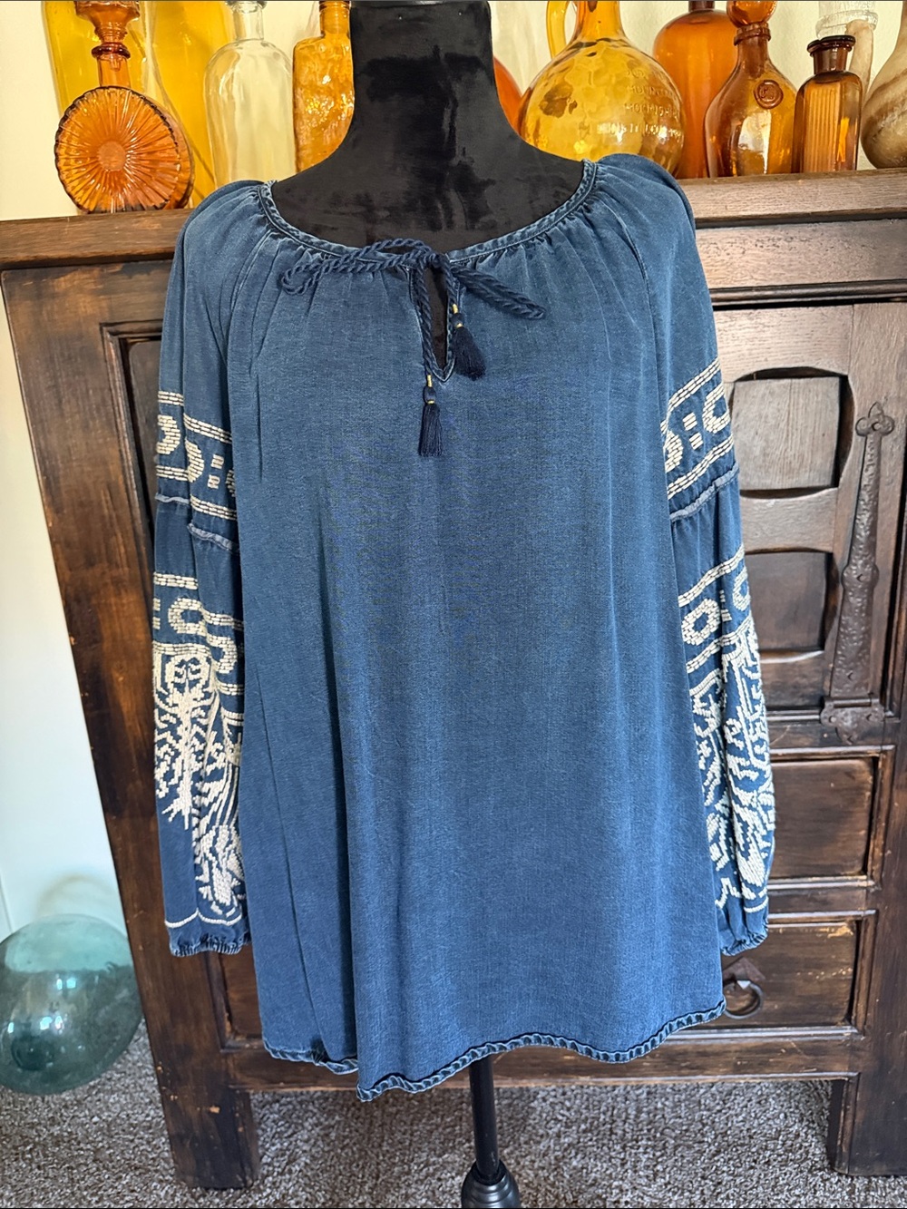 Soft Surroundings Blue Embroidered Peasant Blouse